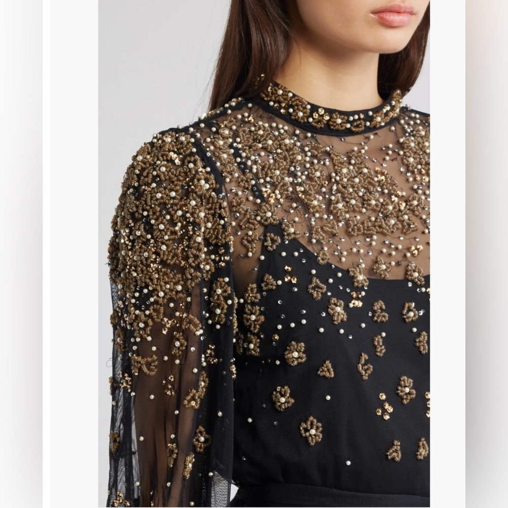 Farm Rio Black/Gold Embroidered Tulle Overlay Minidress - Picture 3 of 6